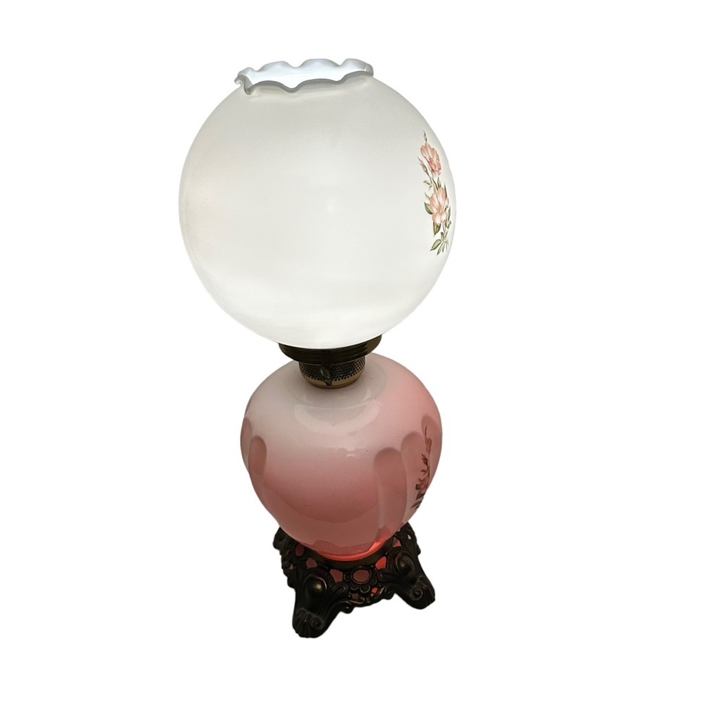 Vtg Hand Painted Floral Bulbous Ceramic Hurricane Parlor Lamp Brass Pedestal 24” - Picture 4 of 17